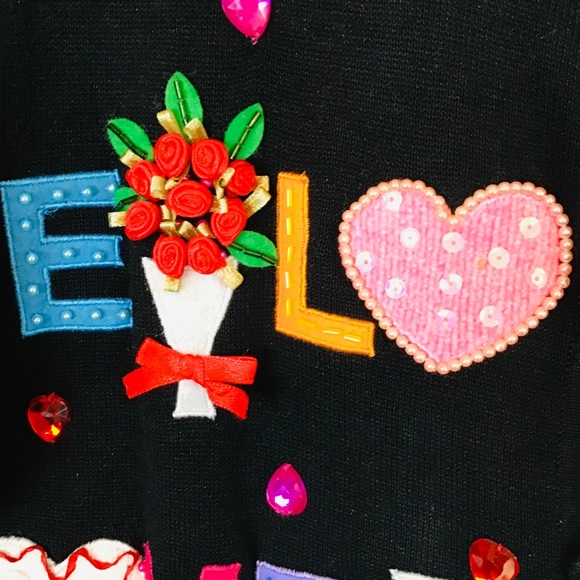 Vintage Valentines Jack B Quick Black Love Embellished Sweater - Picture 6 of 11